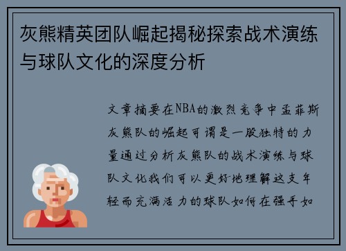 灰熊精英团队崛起揭秘探索战术演练与球队文化的深度分析